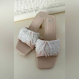 Zara slide heels with white pearl fringe